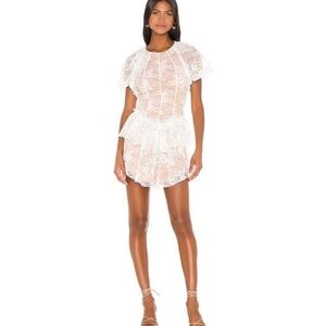For Love & Lemons White Lace Puff Sleeve Mini Dress (S)